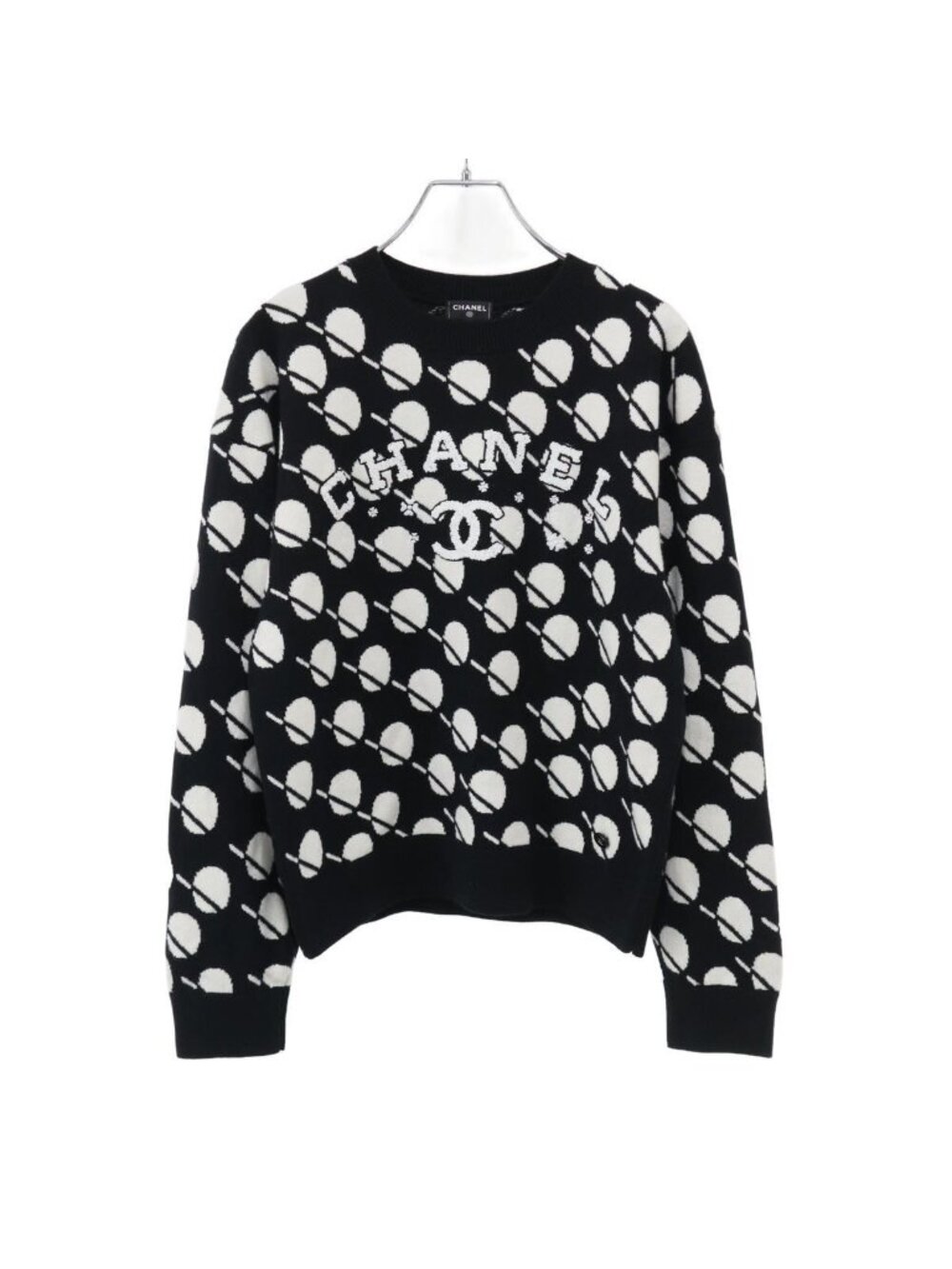 Chanel Logo Dot Cashmere Knit Sweater Black White 38